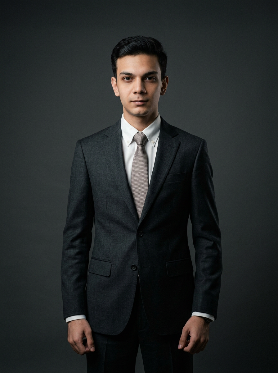 Studio portrait of Furqaan Sheikh in a tailored charcoal suit