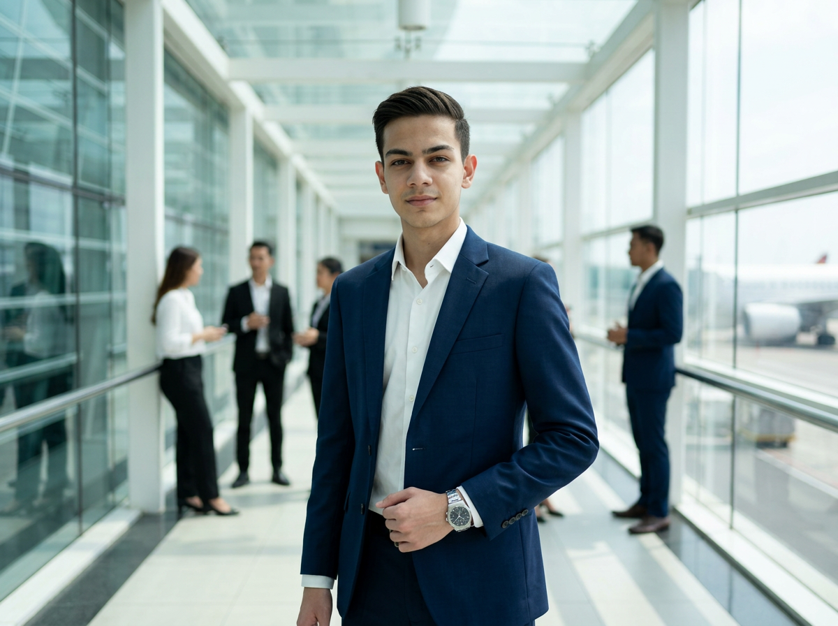Furqaan Sheikh in a navy suit inside a modern glass terminal walkway